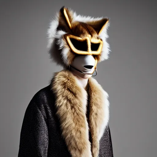 Prompt: a beautiful young male wearing a furry kitsune mask, photographed by erwin olaf for a fashion editorial, expensive art direction