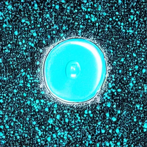 Prompt: microscopic petri dish photo of a transparent sectioned cobalt blue - green flagellated bacteria, aeruginosa, microscopic photo, cyan, dark black background, fluids inside