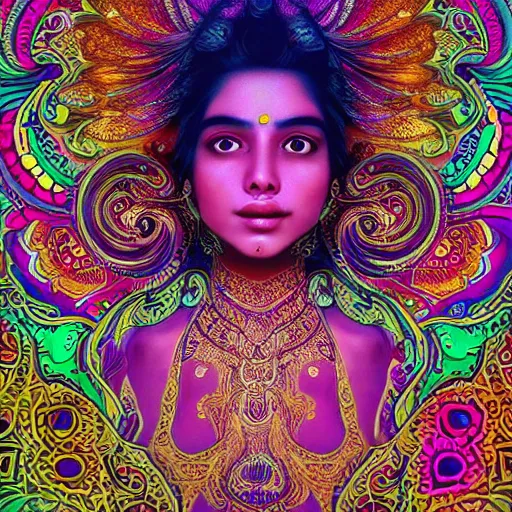 Image similar to the face of a ridiculously beautiful and pretty indian woman partially made of onion rings of all colors looking up, an ultrafine detailed illustration by james jean, final fantasy, intricate linework, bright colors, behance contest winner, vanitas, angular, altermodern, unreal engine 5 highly rendered, global illumination, radiant light, detailed and intricate environment