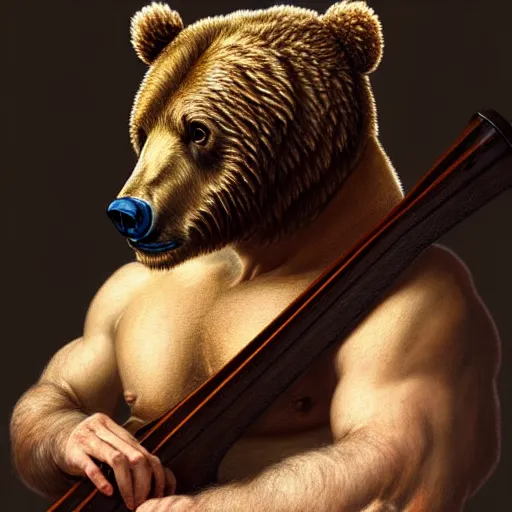 Image similar to renaissance upper body portrait of a realistic bear playing lute, lean and toned, handsome face, hairy chest, D&D, intricate, elegant, highly detailed, digital painting, artstation, concept art, matte, sharp focus, illustration, art by da Vinci, Artgerm and Greg Rutkowski and Alphonse Mucha