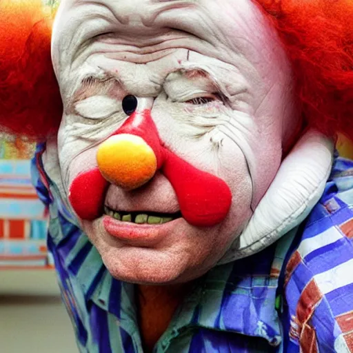 Image similar to elderly clown with violent restraints connected to hospital bed