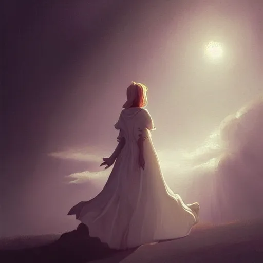 Image similar to a beautiful painting of a woman in a white cotton dress pondering life as she watches the sun set, nature, deviantart, fantasy art, sunrays shine upon it, deviantart, mystical, art style by claude joseph vernet and beeple