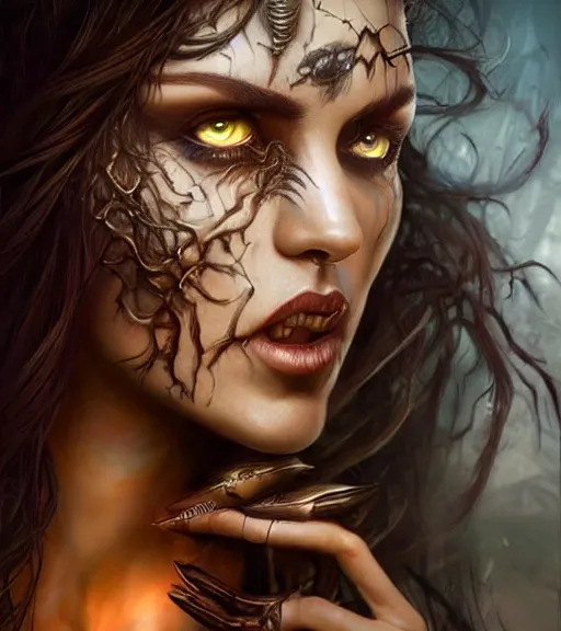 Image similar to a higly detailed airbrush full body shot and face portrait painting of a grim female sorceress with piercing eyes beautiful eyes, dynamic lighting, ambient lighting, deviantart, art by artgerm and simon bisley and karol bak