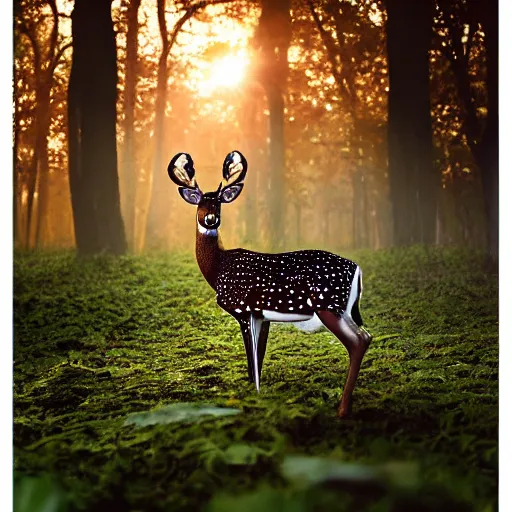 Image similar to a beautiful spotted deer in the woods lit by the morning sky, sunrise, chital, photorealistic, by annie leibovitz and steve mccurry, natural light, canon eos c 3 0 0, ƒ 1. 8, 3 5 mm, 8 k, medium - format print