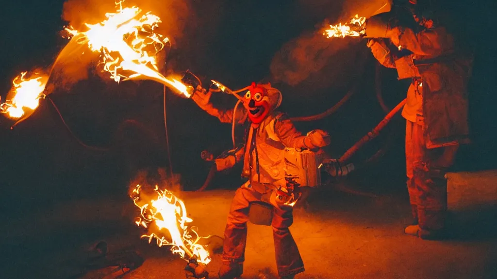 Prompt: photo of a clown using a flamethrower projecting a long bright flame towards a fire. award-winning, highly-detailed, 8K