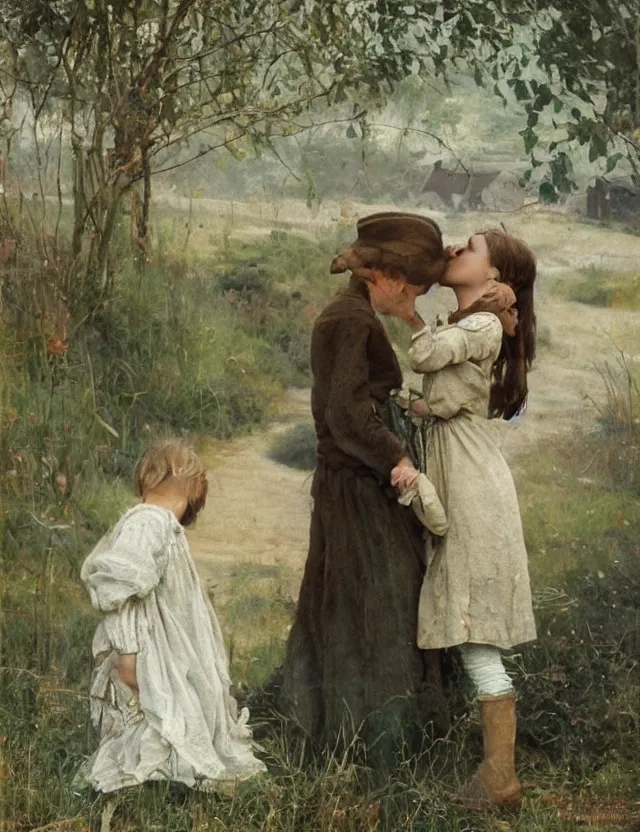 Image similar to peasant boy and girl first kiss, on a village, Cinematic focus, Polaroid photo, vintage, neutral colors, soft lights, foggy, by Steve Hanks, by Serov Valentin, by lisa yuskavage, by Andrei Tarkovsky 8k render, detailed, oil on canvas