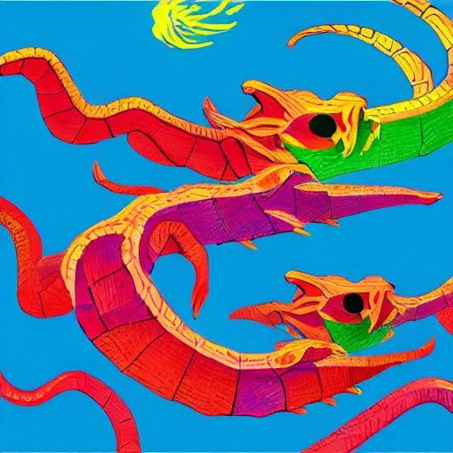 Image similar to the fighting dragons of ara nebula in the style of David Hockney, high contrast colors, brush strokes, illustration, 4K