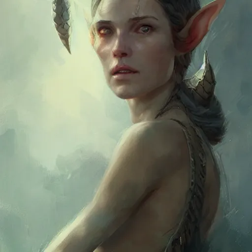 Prompt: portrait of an elven woman with small copper horns, by greg rutkowski, trending on artstation, dungeon and dragons art