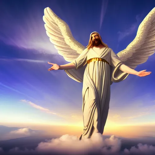 Image similar to gigantic biblical depiction of an angel towering over a vast landscape, cinematic, realistic, geometric white marble body, photorealistic, detailed, gold sky, global illumination, volumetric lighting, god rays, beautiful composition, majestic clouds, soft colors, heavenly lighting