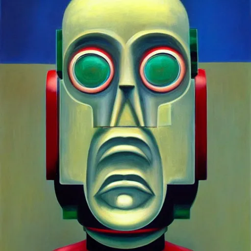 Image similar to crying robot, portrait, visage, dystopian, pj crook, edward hopper, oil on canvas