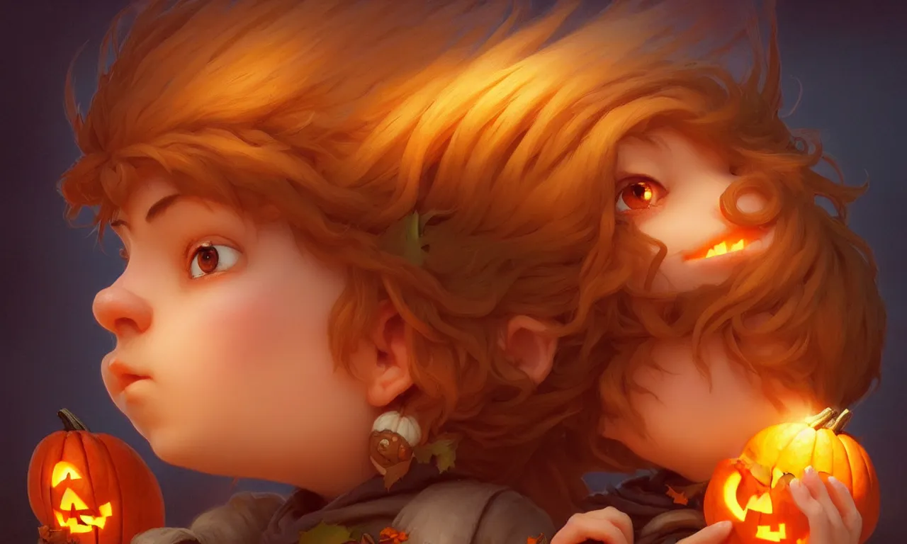 Image similar to hand drawn cute one gnomes face in autumn and pumpkin, detailed closeup face, concept art, low angle, high detail, warm lighting, volumetric, godrays, vivid, beautiful, trending on artstation, art by artgerm and greg rutkowski and alphonse mucha