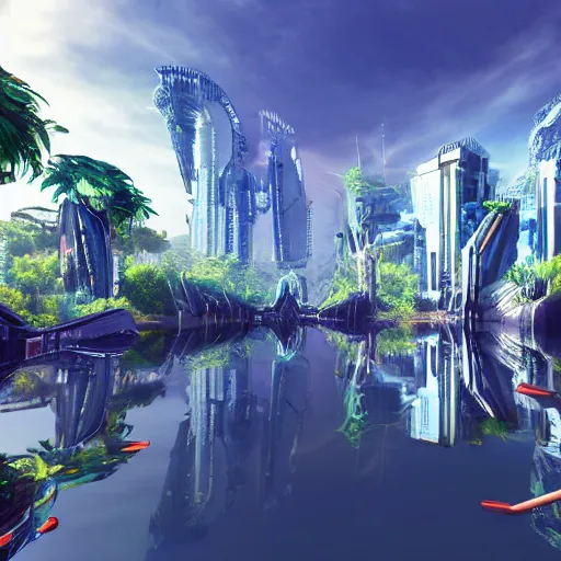 Image similar to futuristic city ultra-realistic utopia lake photorealism reflection jungle drones android,8k