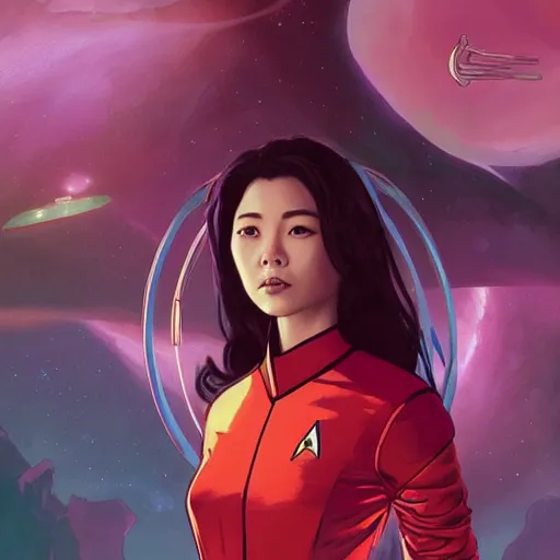 Prompt: An female asian star trek red shirt exploring purple alien planet by Artgerm and greg rutkowski and alphonse mucha