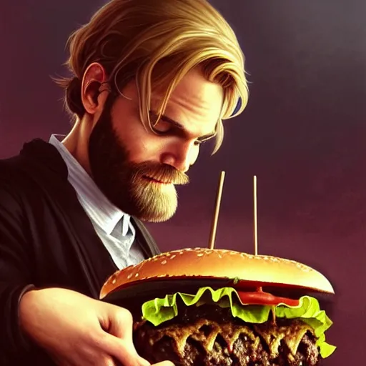 Image similar to Pewdiepie eating a burger, closeup, D&D style, fantasy, intricate, elegant, highly detailed, digital painting, artstation, concept art, matte, sharp focus, illustration, art by Artgerm and Greg Rutkowski and Alphonse Mucha