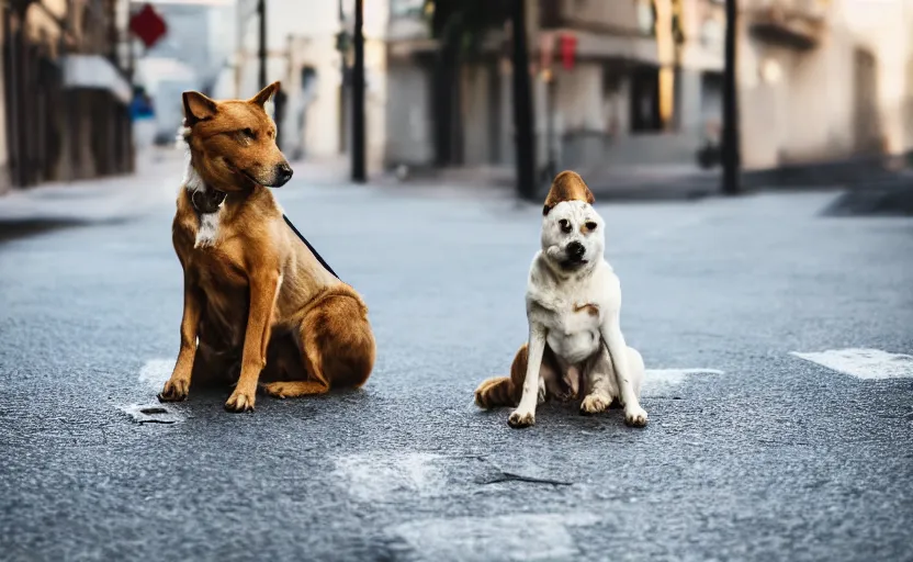 Image similar to studio photography of a sad dog sitting alone on a street, detailed face, 8 k