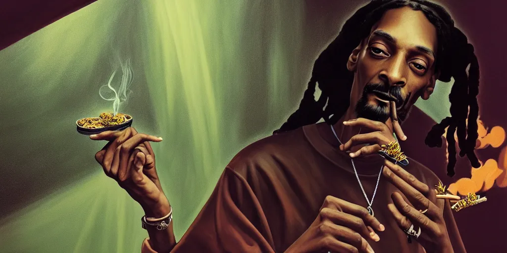 Image similar to breathtaking detailed concept art painting of snoop dogg smoking weed in a cannabis paradise, by hsiao - ron cheng, exquisite detail, extremely moody lighting, 8 k