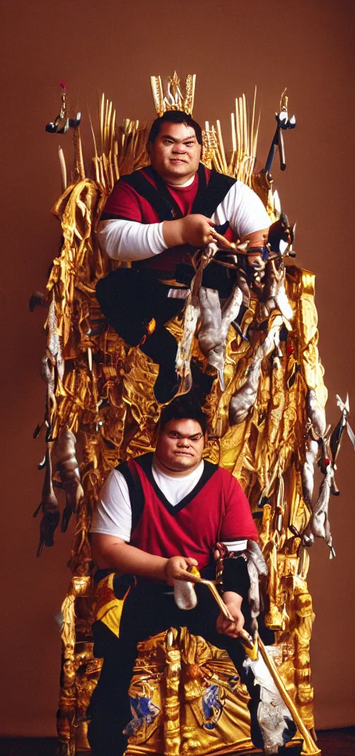 Image similar to Pudge from dota2, posing with his hooks, in front of a golden throne, photorealistic, highly detailed, leica M3