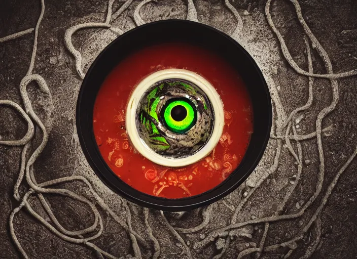 Prompt: dslr photograph of a bowl eldritch horror soup filled with tentacles and eyeballs on a damp sewer floor, 8 5 mm f 1. 8