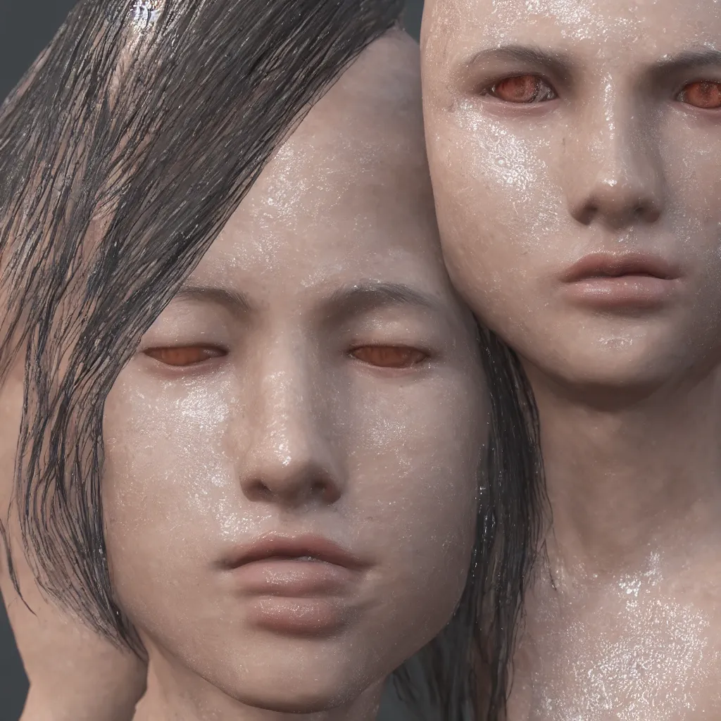 Image similar to glistering wet sweaty skin face unreal engine 4k 8k resolution