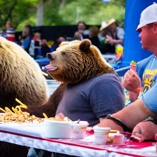 Prompt: a grizzly bear eating hotdogs at a competitive eating contest. sigma 8 5 mm f / 8