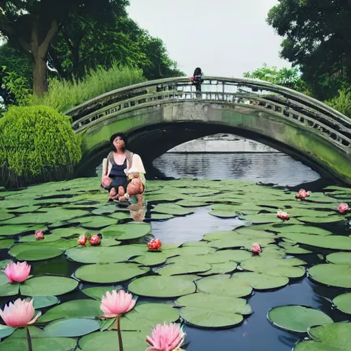 Image similar to a couple sitting on the bridge close to the river with a lot of water lily made by studio ghibli