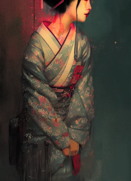 Image similar to female geisha girl, beautiful face, neon, rule of thirds, intricate outfit, spotlight, by greg rutkowski, by jeremy mann, digital painting