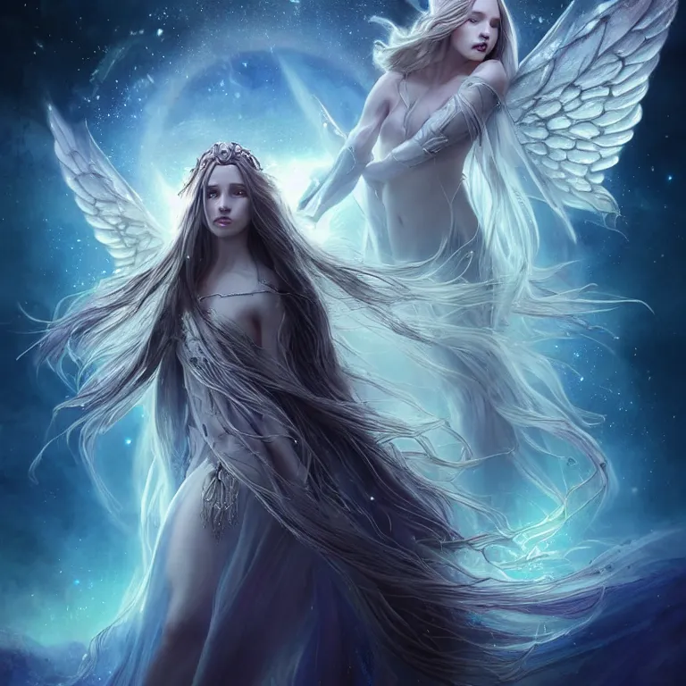 Prompt: beautiful cinematic fantasy poster, a beautiful princess queen with dark rainbow angel wings with flowing illuminated hair, beautiful glowing galaxy eyes, wideshot ultrawide angle epic scale, hybrid from The Elden Ring and art direction by Darius Zawadzki ;by artgerm; wayne reynolds art station; cinematic quality character render; low angle; ultra high quality model; production quality cinema model;