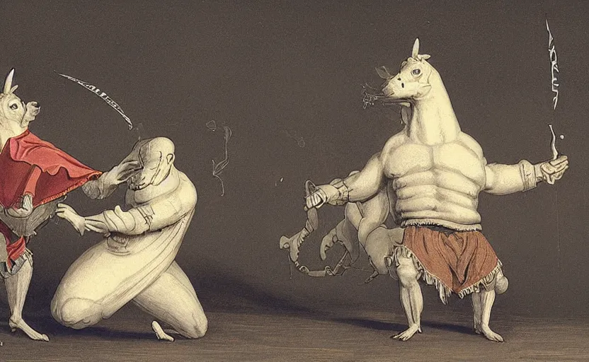 Image similar to anthropomorphic representation of Dall-e 2 fighting anthropomorphic representation of Stable Diffusion