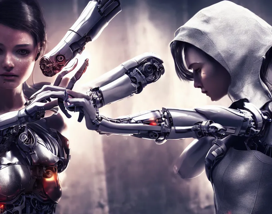 Image similar to a cyborg girl fixing her detached arm, cyberpunk, realistic fingers, realistic body, realistic clothing, beautiful texture, beautiful graphics, fantasy artwork, very beautiful scenery, hd, hdr, ue 5, ue 6, unreal engine 5, cinematic 4 k wallpaper, 8 k, ultra detailed