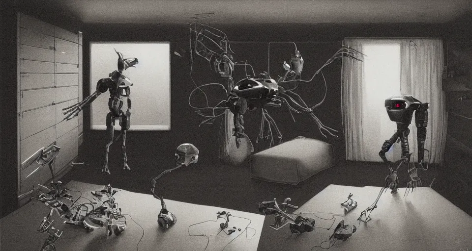 Prompt: IKEA catalogue photo, cyberpunk teenager bedroom, drones and robots, by Beksiński