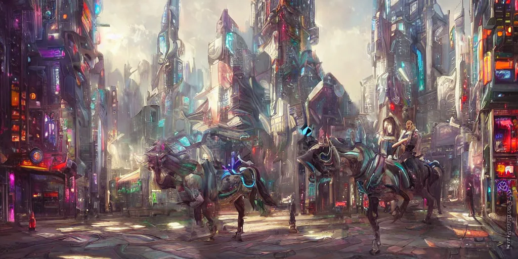 Image similar to unicorn in a futuristic cyberpunk town. By Konstantin Razumov, highly detailed