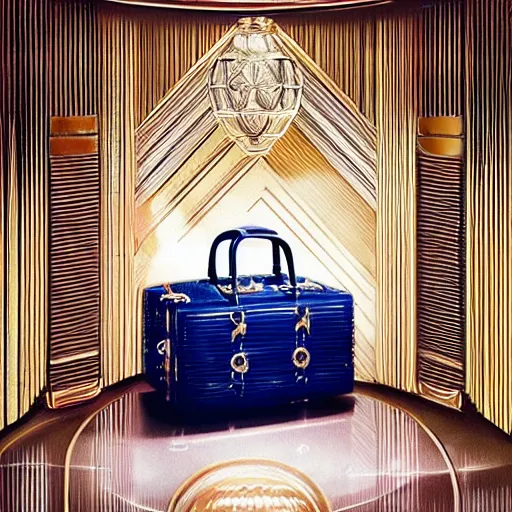 Prompt: undeveloped image of a luxury handbag in year 3000, art-deco style, in entrance hall of an art-deco skyscaper, photography , official vuitton editorial , highly detailed