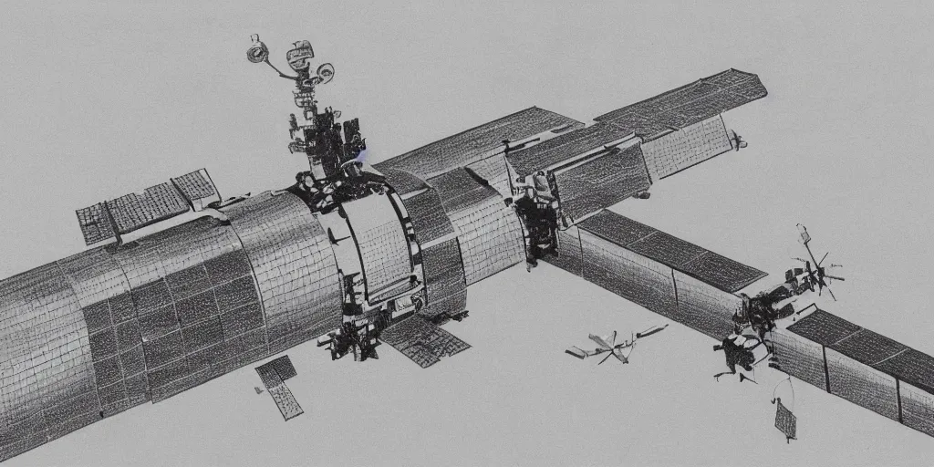 Image similar to a highly detailed graphite sketch of the international space station, with the sun reflecting off of it's windows, various refining methods