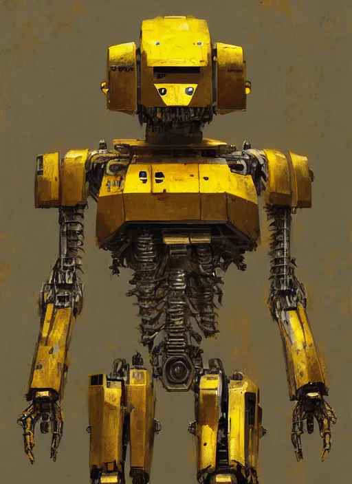 Image similar to human-sized strong intricate yellow pit droid, pancake flattened head, exposed metal bones, painterly humanoid mecha, full body, by Greg Rutkowski
