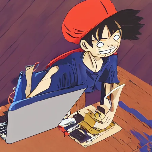 Prompt: luffy working in his laptop top