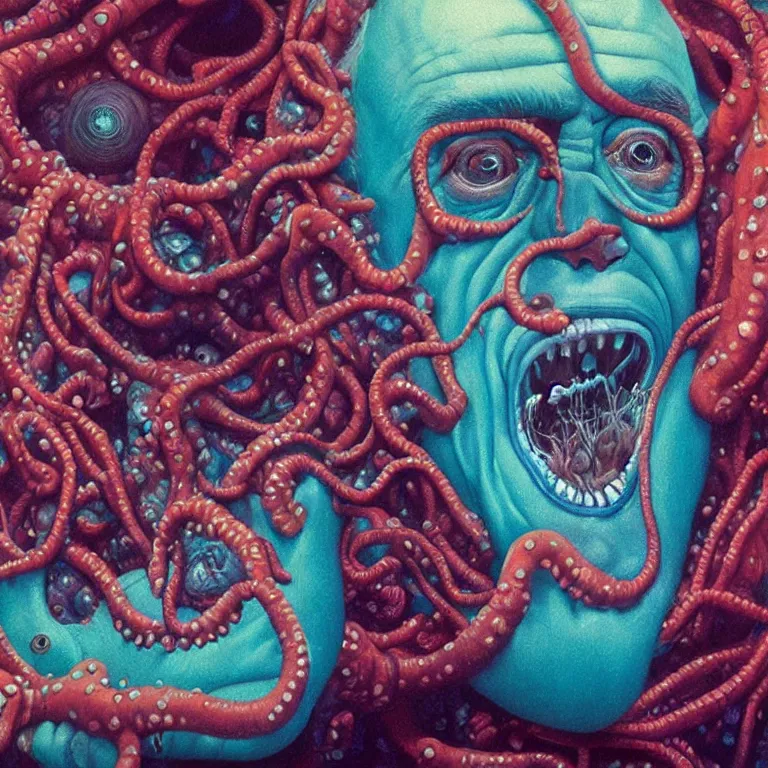 Prompt: Hyperrealistic intensely colored close up studio Photograph portrait of deep sea bioluminescent Senator Rick Scott, symmetrical face realistic proportions eye contact tentacles, Grinning in a coral reef underwater, award-winning portrait oil painting by Norman Rockwell and Zdzisław Beksiński vivid colors high contrast hyperrealism 8k