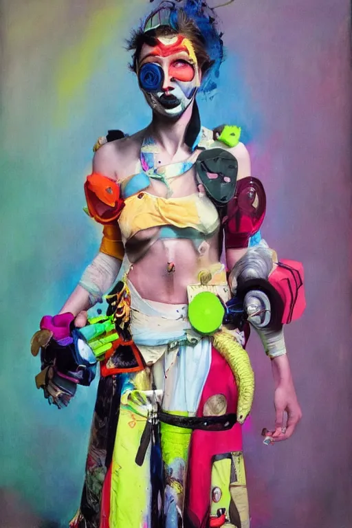 Prompt: a character wearing a diy! costume, with fluo colored details, muted colors, vivienne westwood, nausicaa, hyper real painting