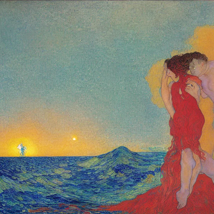 Image similar to close view of woman and man kissing at the edge of the ocean with tsunami great wave sun setting through the storm clouds. lapis - lazuli. iridescent, vivid psychedelic colors. painting by jean delville, ciurlionis mikalojus konstantinas, schiele, henri de toulouse - lautrec, utamaro, monet