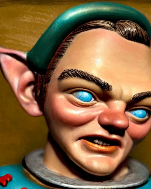 Image similar to highly detailed closeup, face profile portrait of a tin toy leonardo dicaprio as a medieval goblin eating cakes in a castle, hyper realistic, artstation, illustration, nicoletta ceccoli, mark ryden, lostfish, dan decarlo, bob clampett, max fleischer, digital paint, matte paint, vivid colors, detailed and intricate environment