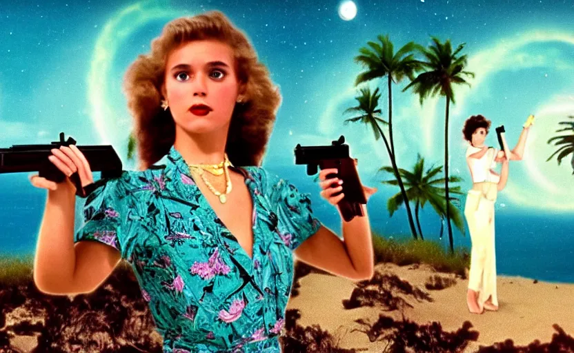 Image similar to 1 9 8 6 vintage movie screencap of a girl with a gun on a mediterranean mansion, gucci clothes, night sky, beach and tropical vegetation on the background major arcana sky and occult symbols, extremely ultra high quality photo 8 k