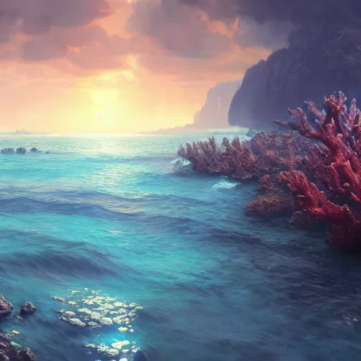 Prompt: beaufiful coral reef photorealistic painting, wlop, concept art, octane render, deviantart, greg rutkowski, cinematic, artstation, key art, hyperrealism