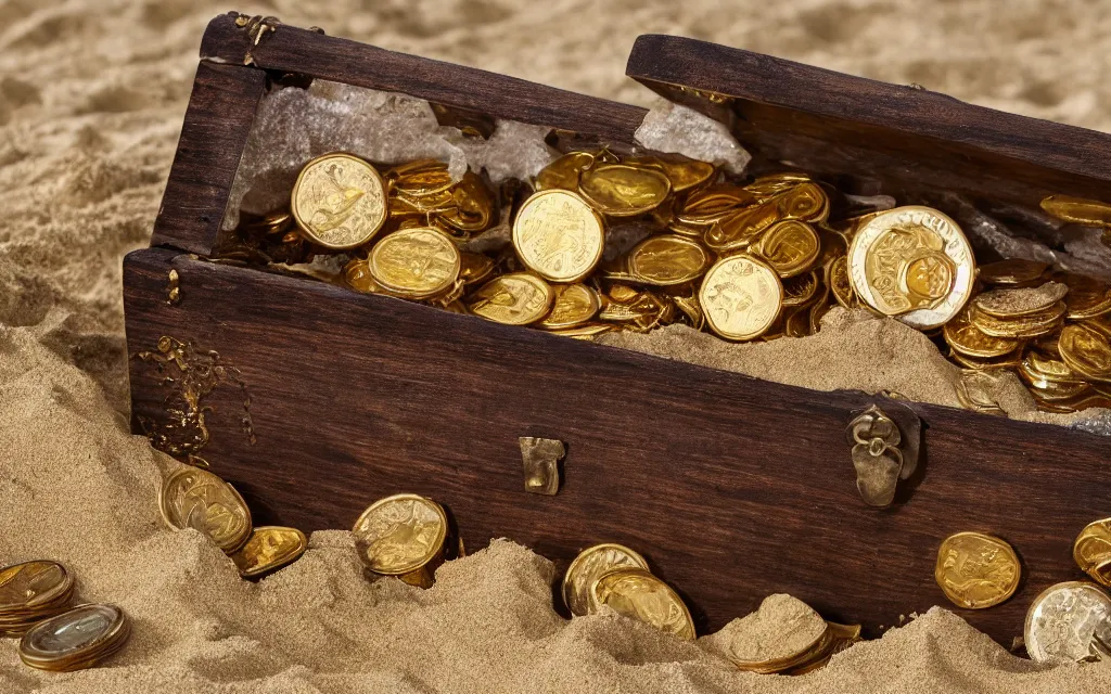 Prompt: Buried Treasure Chest. Open Wooden Chest. Displaying gold coins and jewelry. Half-buried in the sand. Underwater scene. 4k HD Wallpaper. Hi-res.