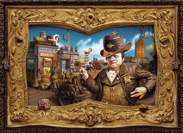 Prompt: the sheriff in form of a donut, lowbrow, matte painting, 3 - d highly detailed, in the style of mark ryden,