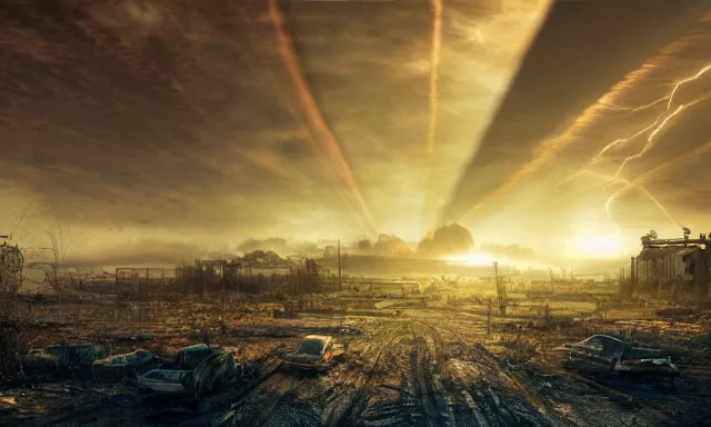 Image similar to post apocalyptic landscape, there is a nuclear explosion in the background, few sun rays, wallpaper, photo, hd, high detailed