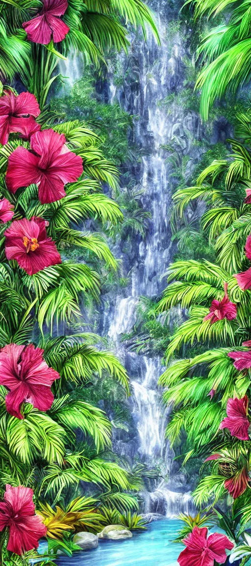 Prompt: cascading concept art of an exotic garden with waterfall and flowers and palm trees, hibiscus, detailed, highly detailed, aesthetic, realistic, hyper realism, colorful, in depth, intricate,