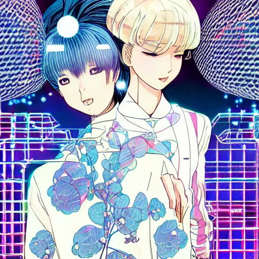 Prompt: ai yazawa and yukito kishiro cover illustration of symmetrical portrait of woman in a steetwear illustration of cute cool fashion worn in the far future with glowing led lights and plants, futuristic!!! haute couture fashion!!!!, nanotechnology and cybernetics!!! and solar power and prosthetic, detailed elegant manga illustration intaglio