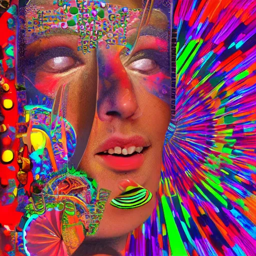 Image similar to Portrait of a Deity foreground, psychedelic, collage art background, mixed media, hypermaximalist, photo realistic, 8k