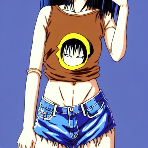 Prompt: woman, slim figure, perfect silky straight hair, smooth tan skin, dark circles under bemused eyes, hip punk fashion, tshirt!!, shorts!!, masterfully illustrated by akira toriyama, modern, cool, beauty