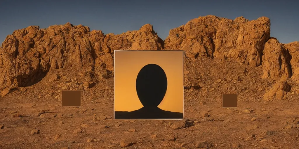 Image similar to levitating ghost silhouette with full - face golden mask in a dry rocky desert landscape, visible sky and sunny atmosphere, fata morgana and giant square mirrors by alejandro jodorowsky, anamorphic lens, kodakchrome, practical effects, masterpiece, 8 k