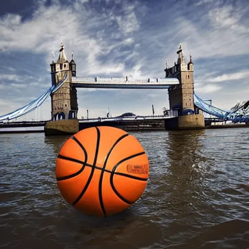 Prompt: Photograph of basketballs floating under Tower Bridge in London photographed with a professional dslr camera.